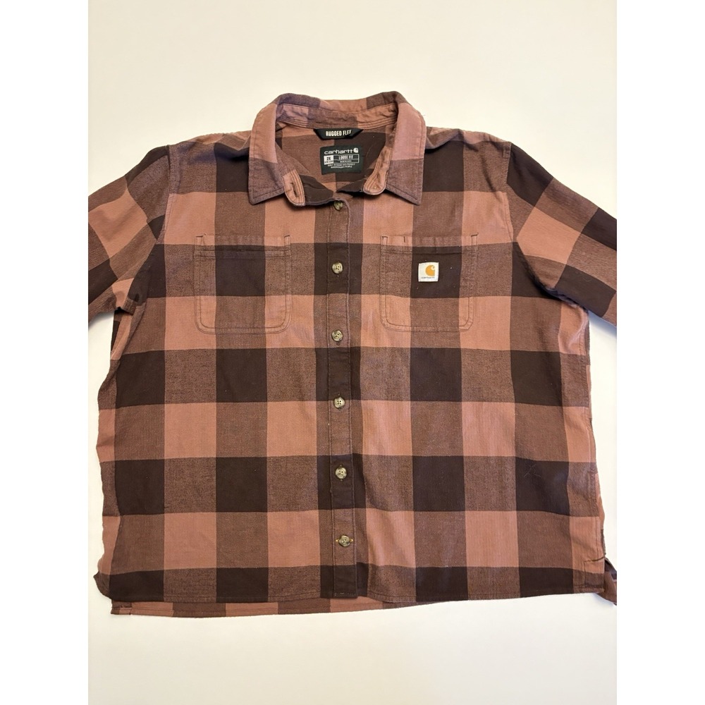 Carhartt Rugged Flex Flannel Shirt Mens 2X Loose Fit Brown Plaid Work Shirt